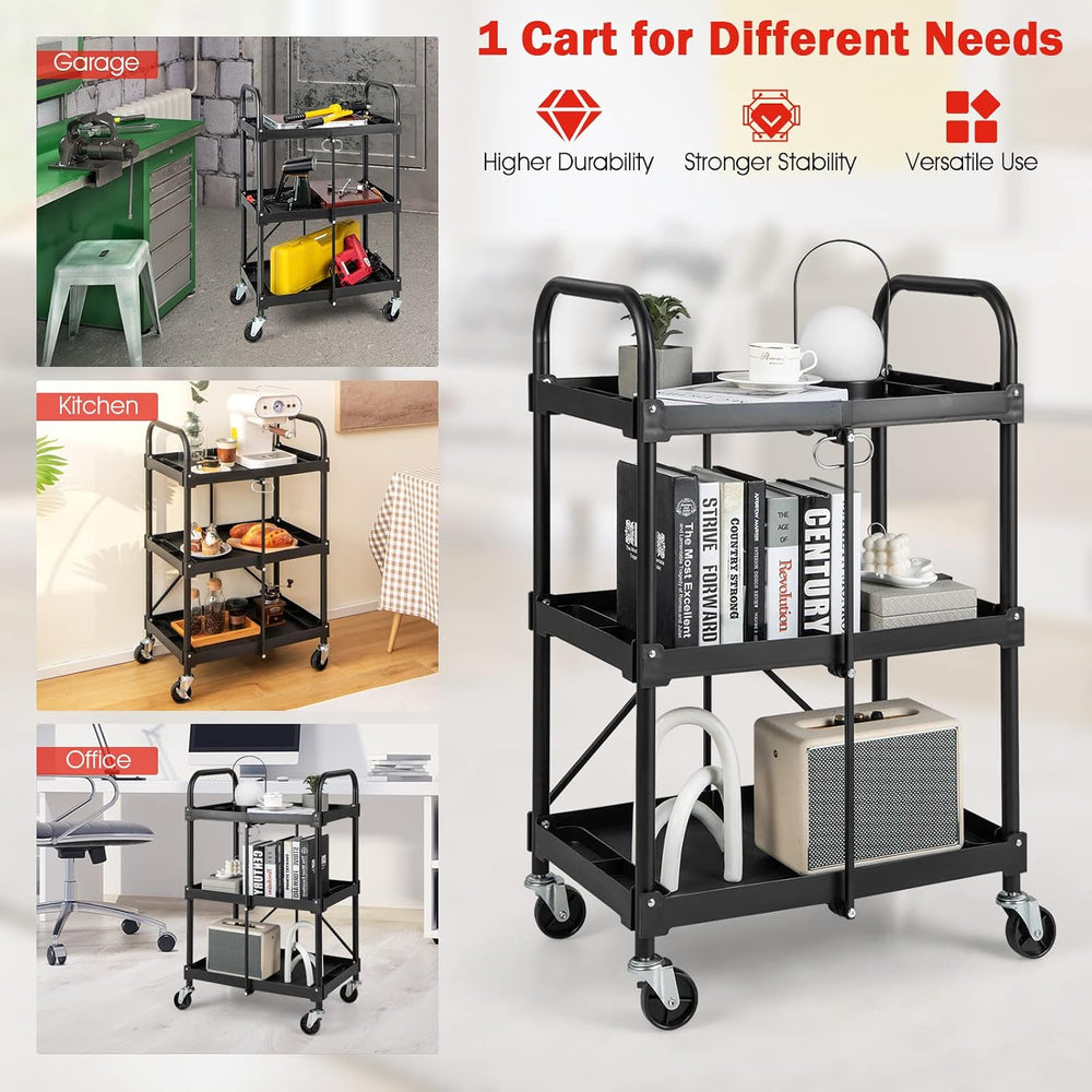 3-Tier Folding Tool Trolley Metal Frame Service Cart