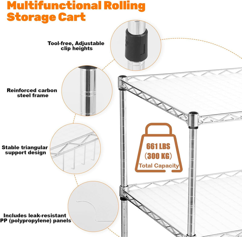 3-Tier Rolling Cart Utility Metal Wire D75 X