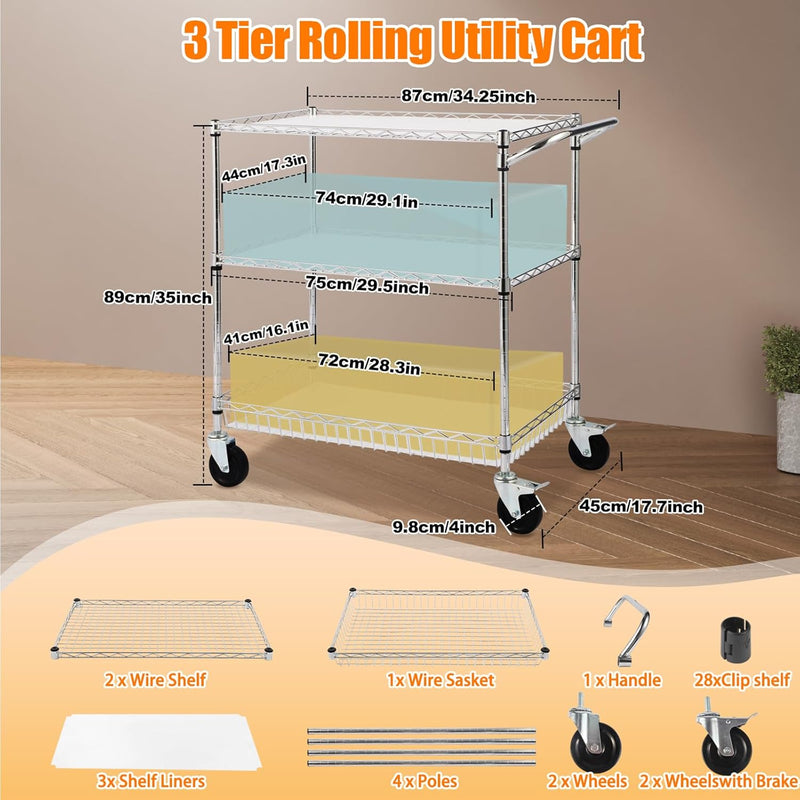 3-Tier Rolling Cart Utility Metal Wire D75 X
