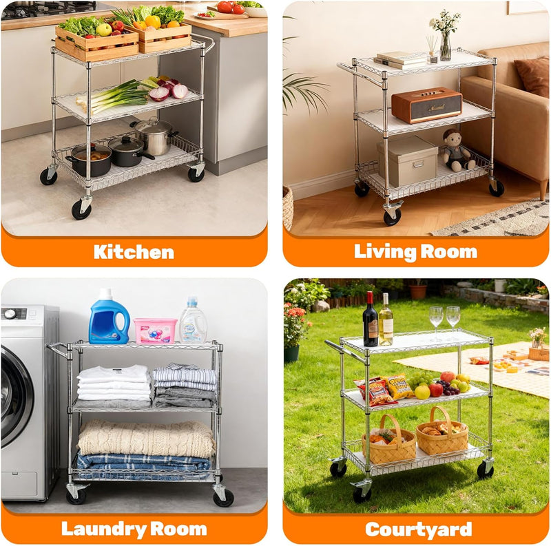 3-Tier Rolling Cart Utility Metal Wire D75 X