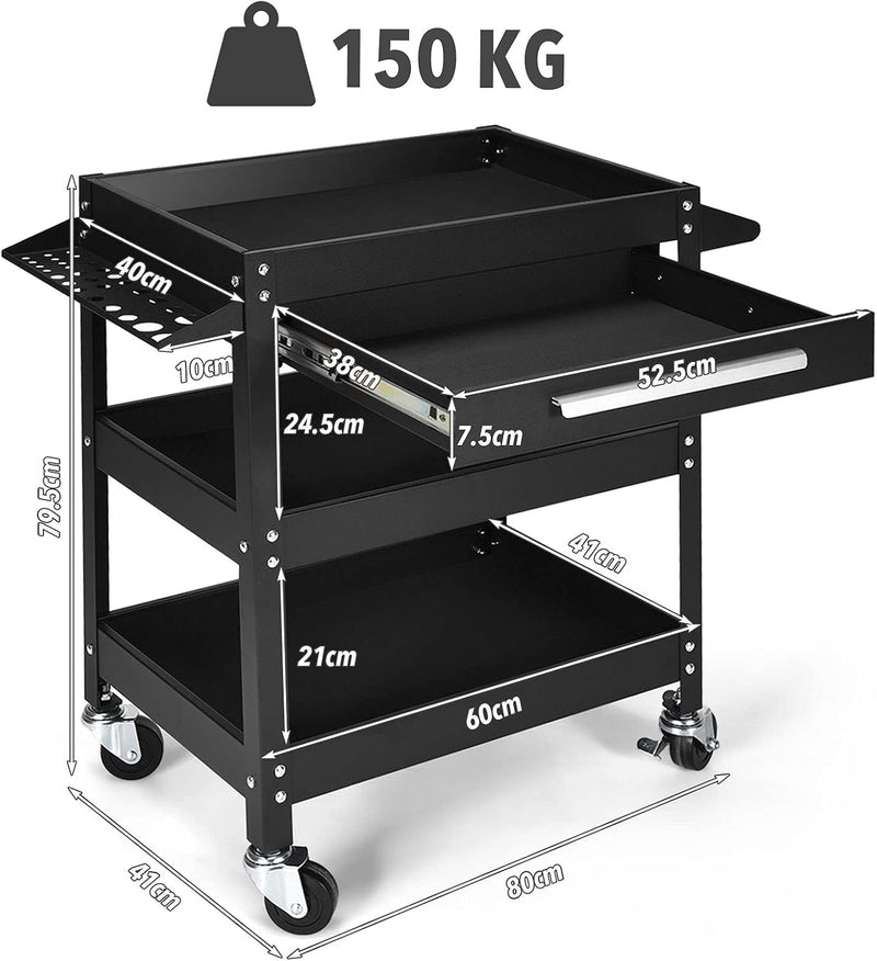3-Tier Rolling Tool Cart Heavy-Duty Steel Service