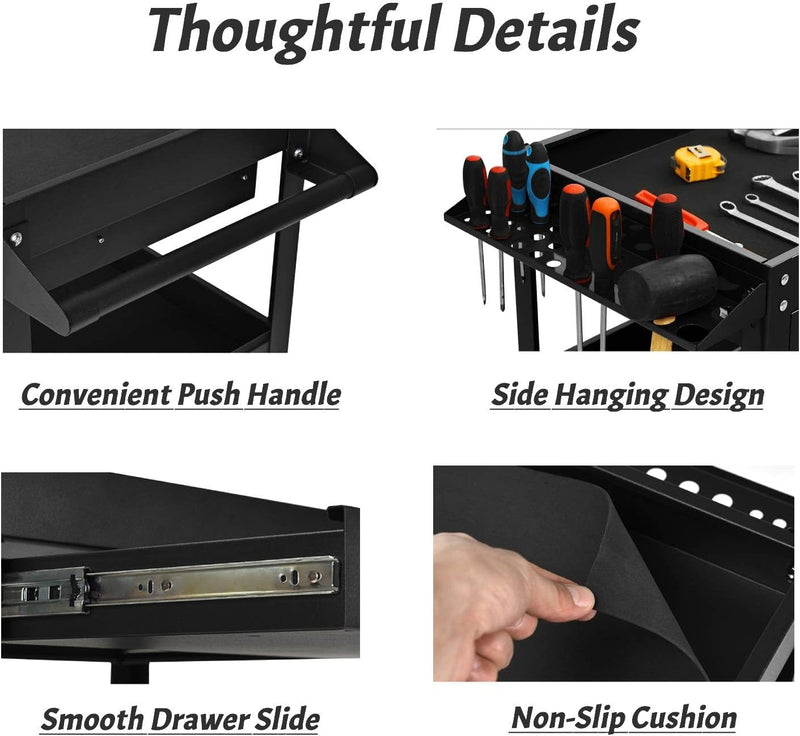 3-Tier Rolling Tool Cart Heavy-Duty Steel Service