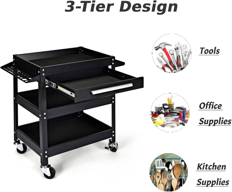 3-Tier Rolling Tool Cart Heavy-Duty Steel Service