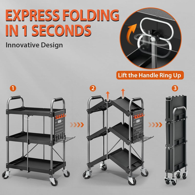 3-Tier Tool Cart on Wheels Foldable Service Trolley