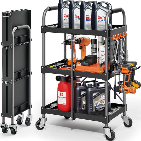 3-Tier Tool Cart on Wheels Foldable Service Trolley