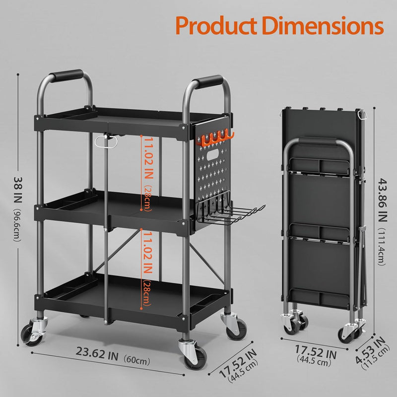 3-Tier Tool Cart on Wheels Foldable Service Trolley