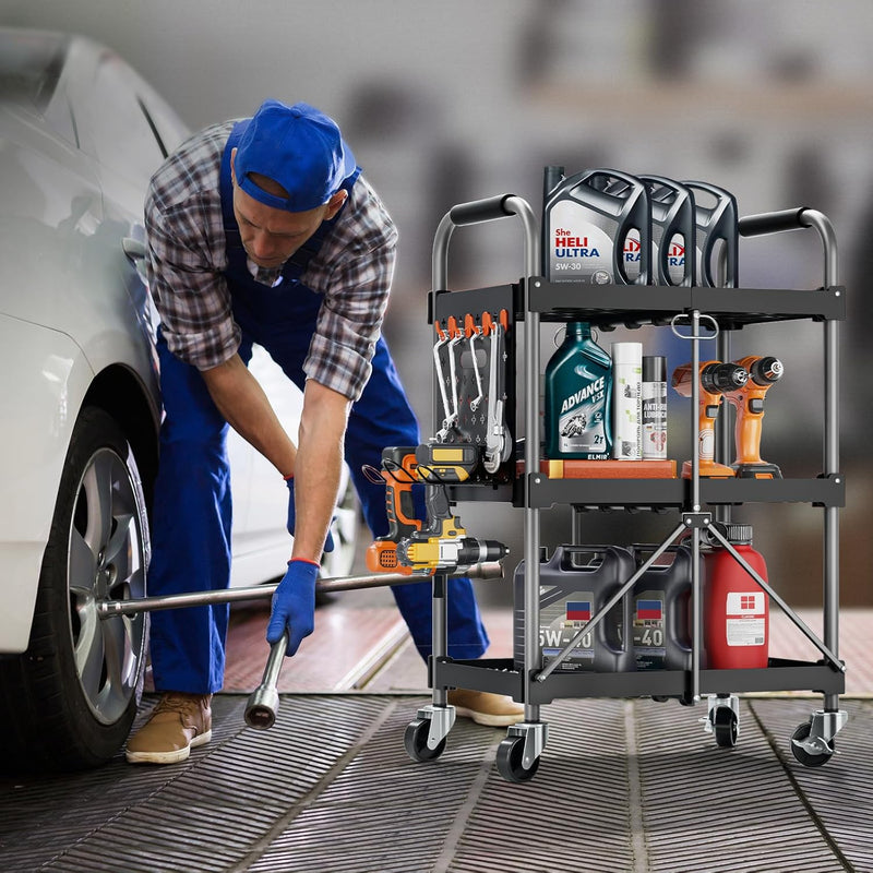 3-Tier Tool Cart on Wheels Foldable Service Trolley