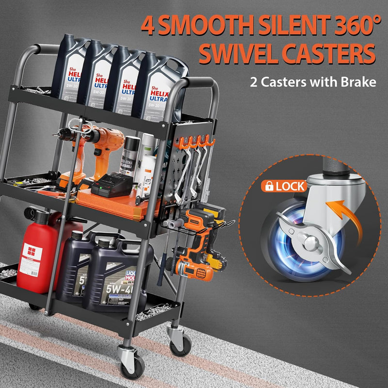 3-Tier Tool Cart on Wheels Foldable Service Trolley
