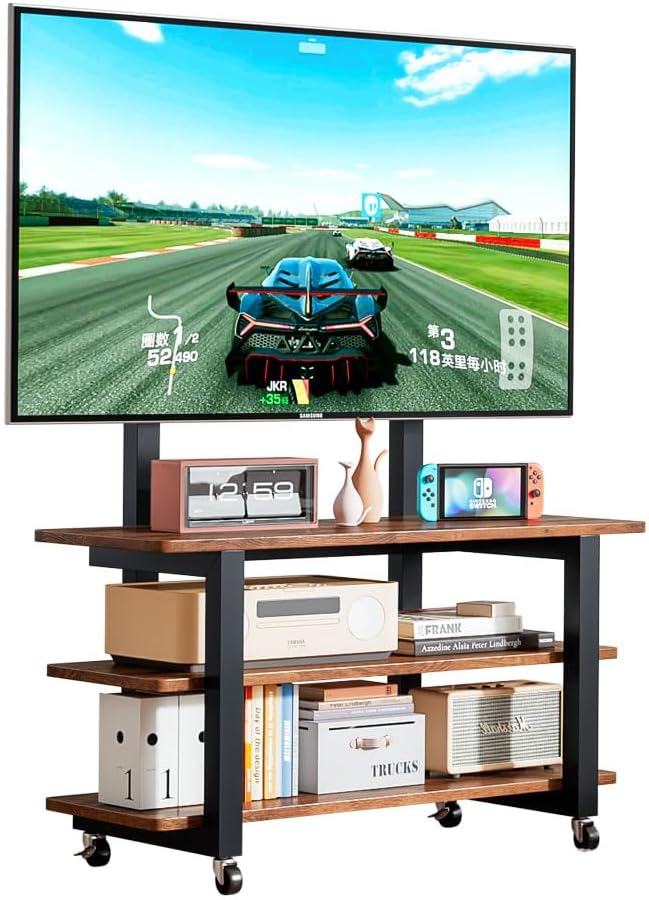 3-Tier Rolling TV Stand with Storage Shelves