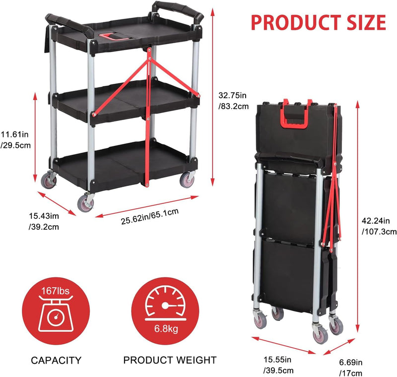 3-Tier Service Carts Folding Rolling Utility Cart