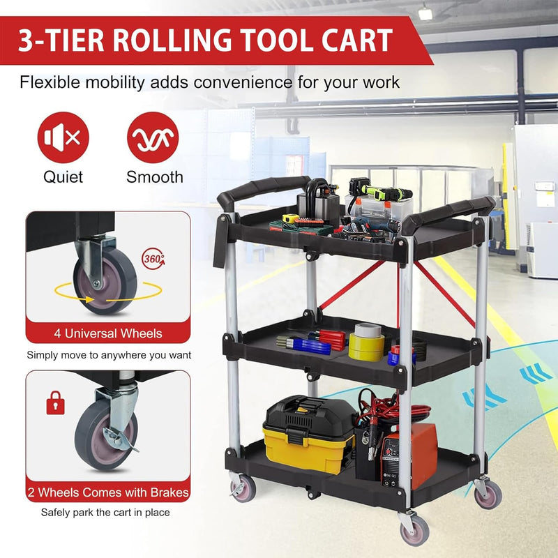 3-Tier Service Carts Folding Rolling Utility Cart