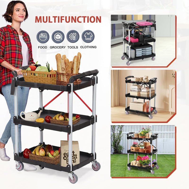 3-Tier Service Carts Folding Rolling Utility Cart