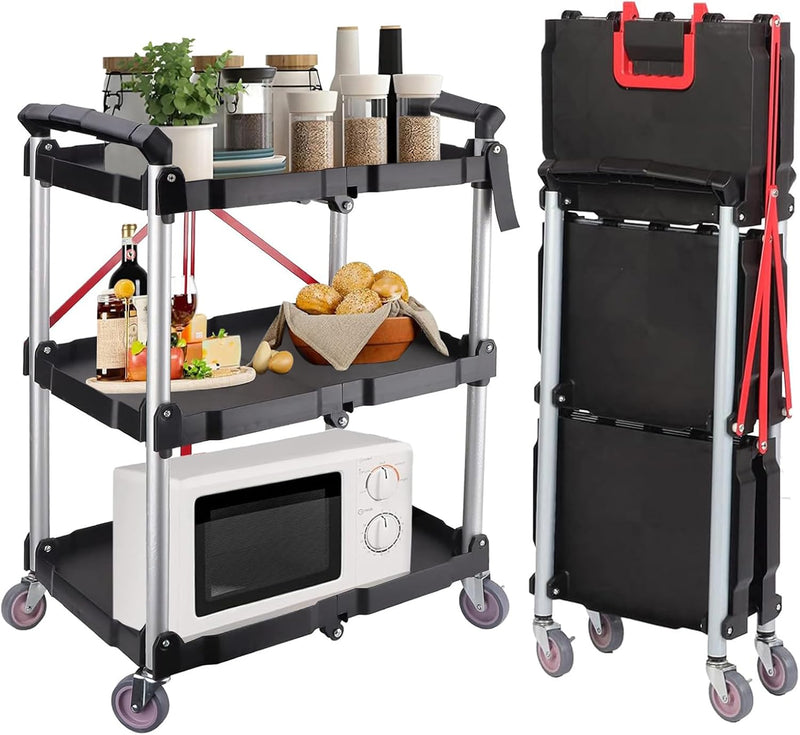 3-Tier Service Carts Folding Rolling Utility Cart