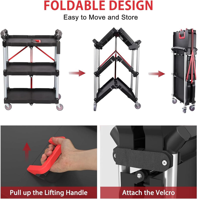 3-Tier Service Carts Folding Rolling Utility Cart