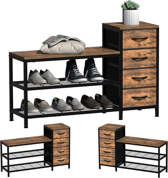 3-Tier Shoe Storage Bench with 4 Fabric Drawers