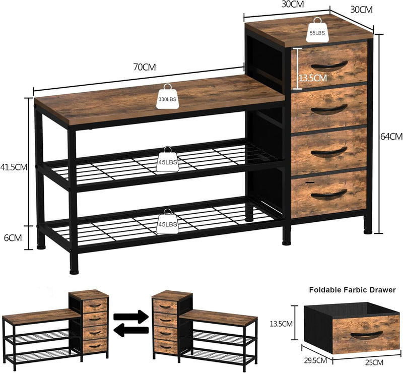 3-Tier Shoe Storage Bench with 4 Fabric Drawers