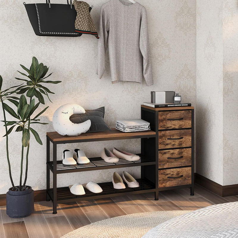 3-Tier Shoe Storage Bench with 4 Fabric Drawers