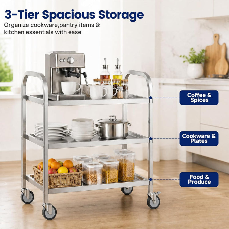 3 Tier Stainless Steel Cart Rolling Catering Storage