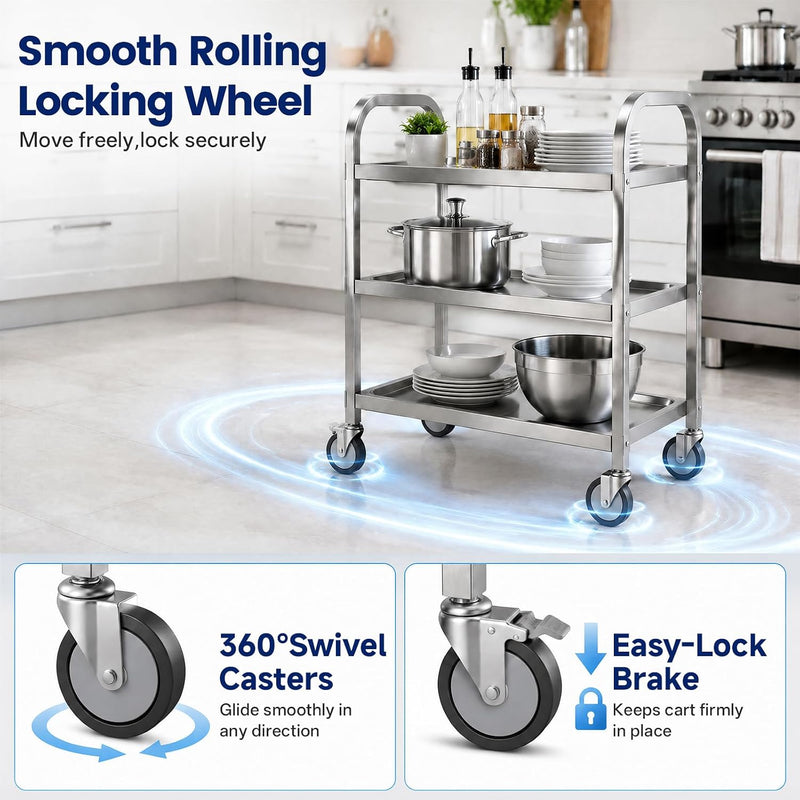 3 Tier Stainless Steel Cart Rolling Catering Storage