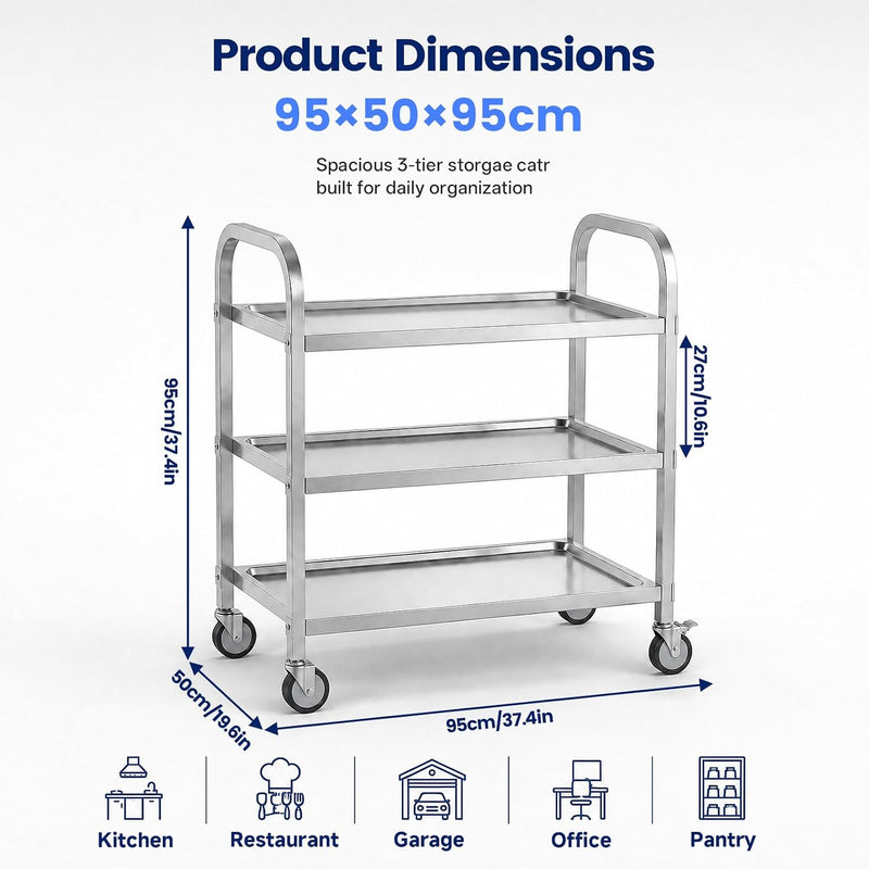 3 Tier Stainless Steel Cart Rolling Catering Storage