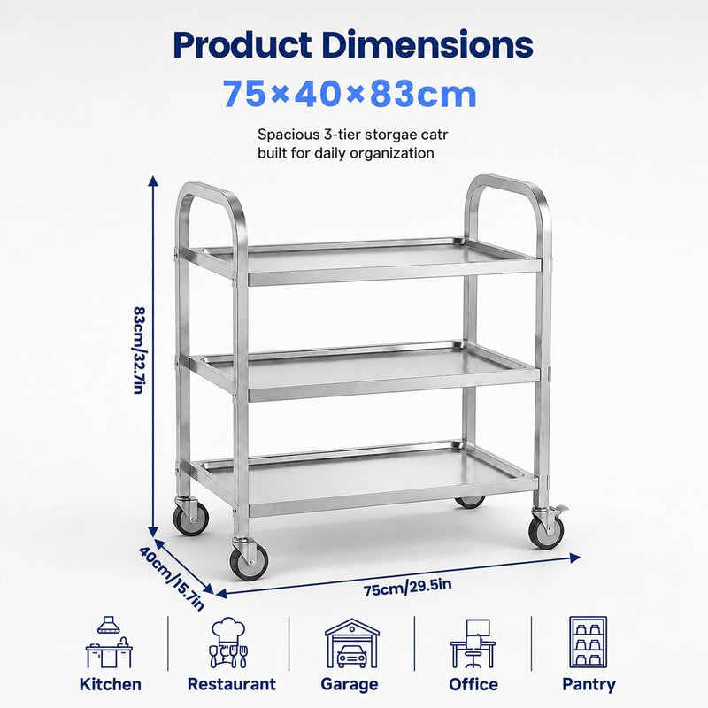 3 Tier Stainless Steel Cart Rolling Catering Storage
