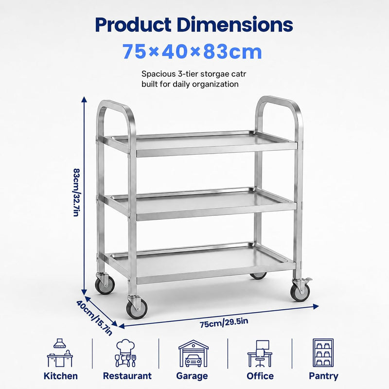 3 Tier Stainless Steel Cart Rolling Catering Storage