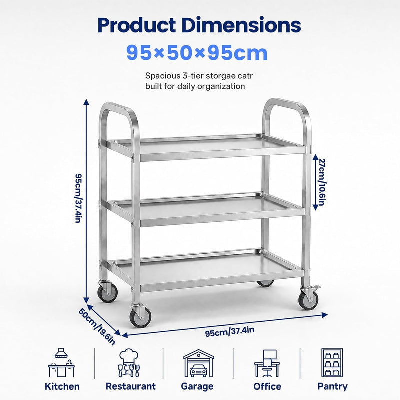 3 Tier Stainless Steel Cart Rolling Catering Storage