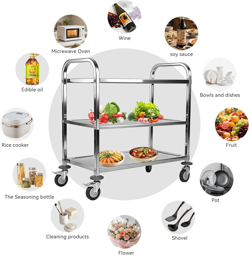 3 Tier Stainless Steel Catering Trolley Kitchen Utility