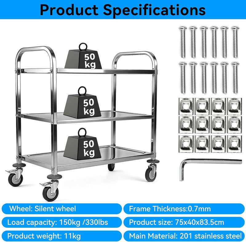 3 Tier Stainless Steel Catering Trolley Kitchen Utility
