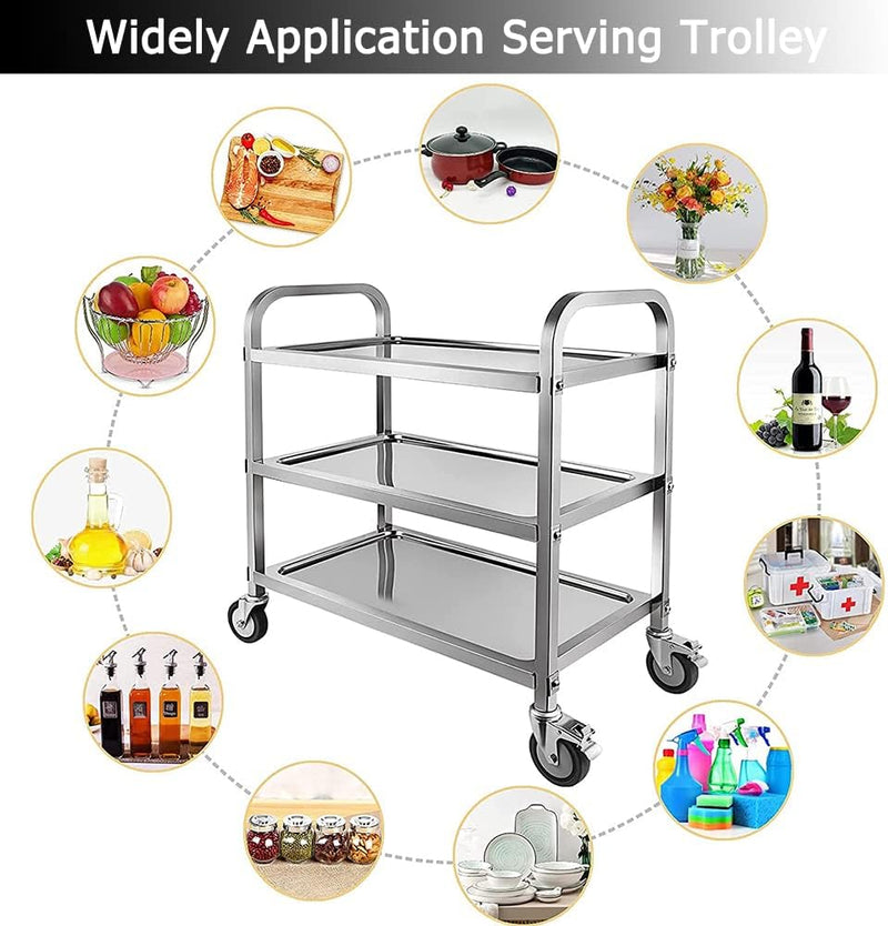 3 Tier Stainless Steel Catering Trolley Wheels Utility