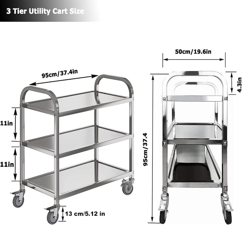 3 Tier Stainless Steel Catering Trolley Wheels Utility