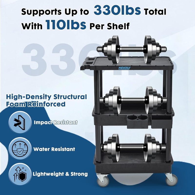 3-Tier Utility Cart with Flat Top and Deep