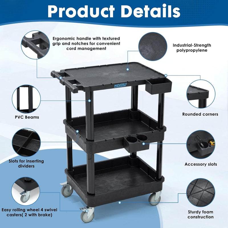 3-Tier Utility Cart with Flat Top and Deep