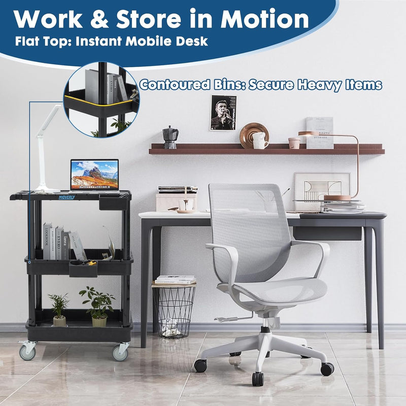3-Tier Utility Cart with Flat Top and Deep