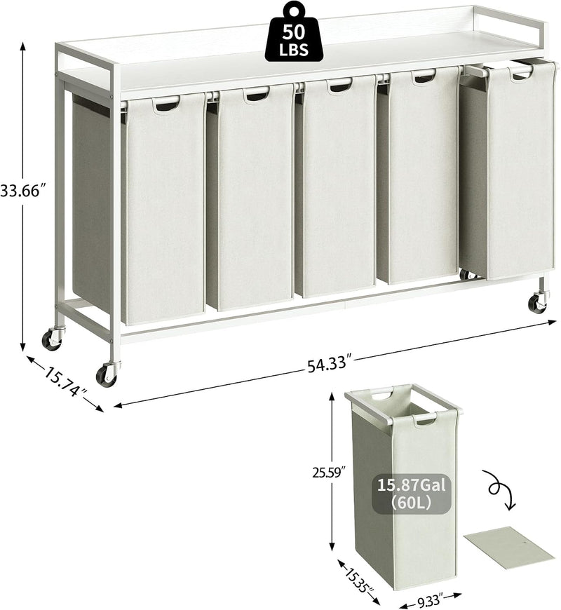 300L Laundry Basket 5 Compartments Hamper with Shelf