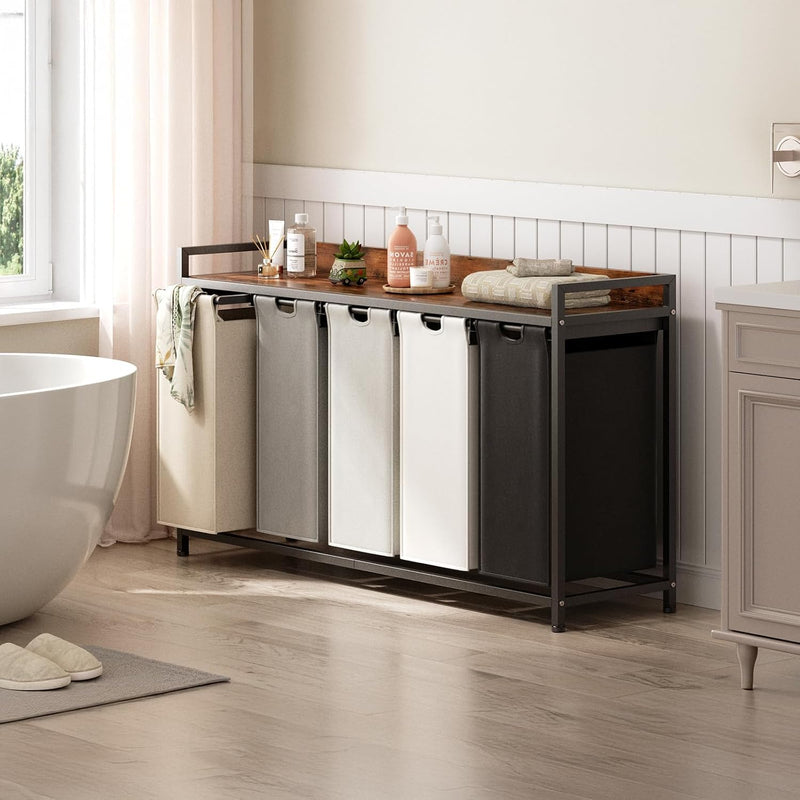300L Laundry Basket 5 Compartments Hamper with Shelf