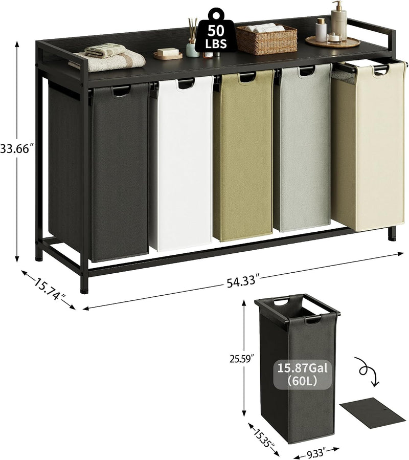 300L Laundry Basket 5 Compartments Hamper with Shelf