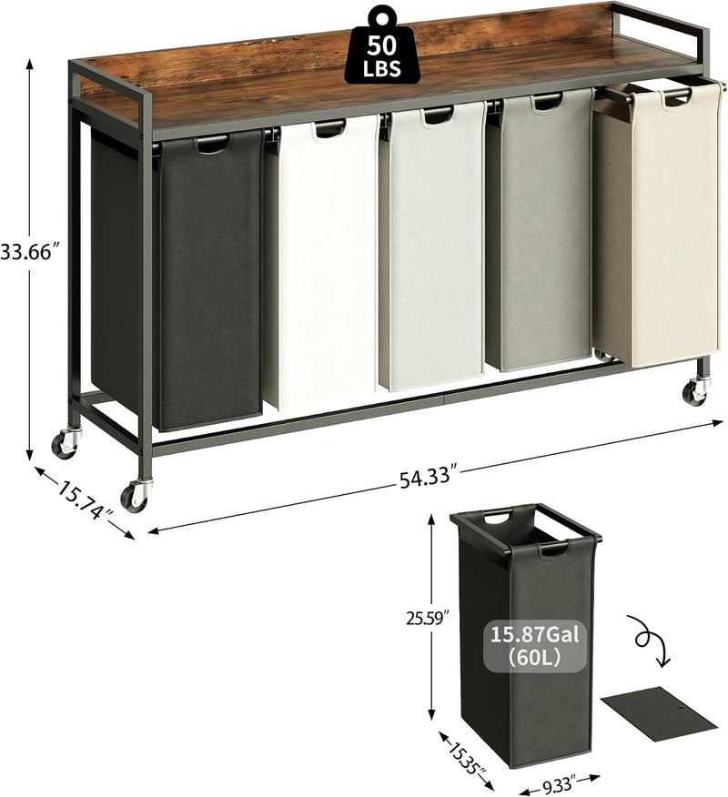 300L Laundry Basket 5 Compartments Hamper with Shelf