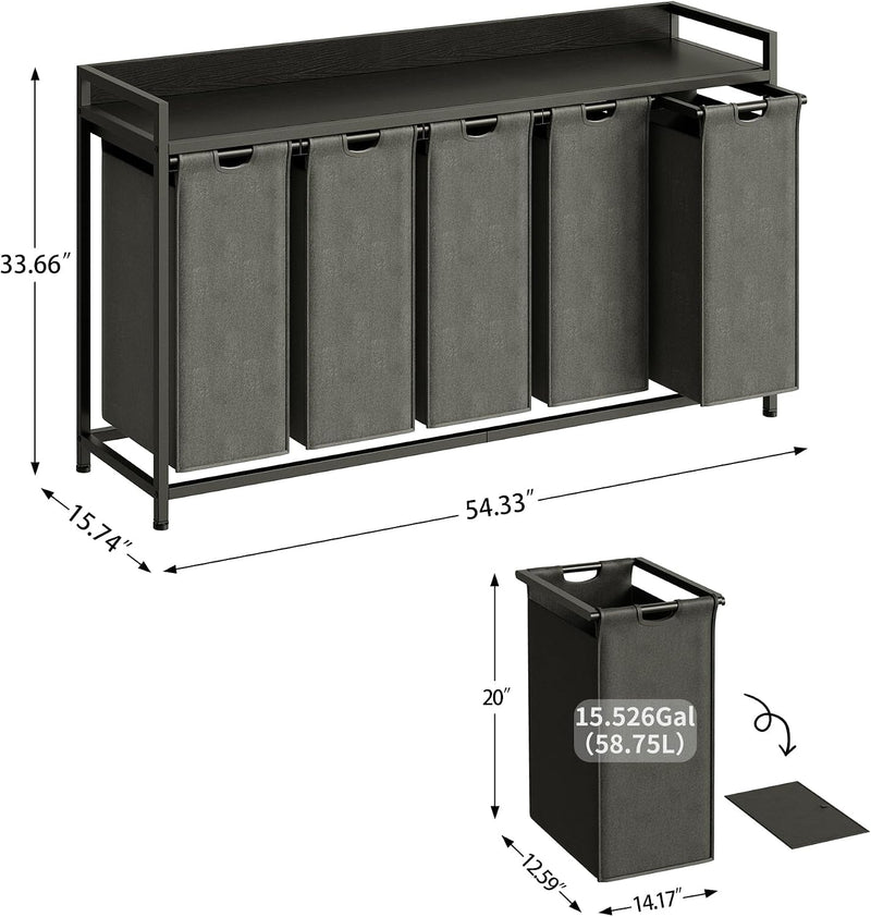 300L Laundry Basket 5 Compartments Hamper with Shelf