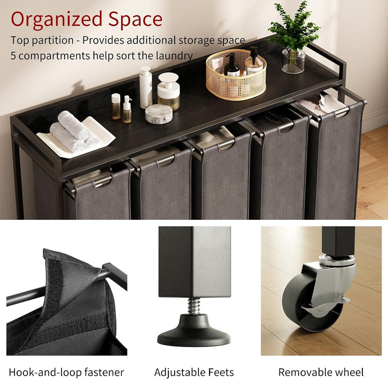 300L Laundry Basket 5 Compartments Hamper with Shelf