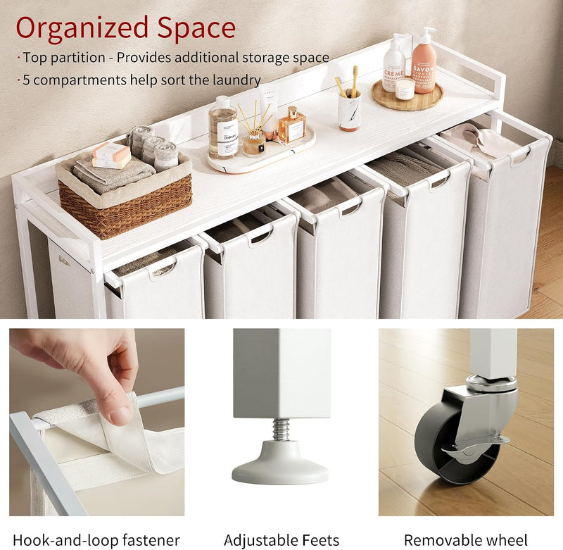 300L Laundry Basket 5 Compartments Hamper with Shelf