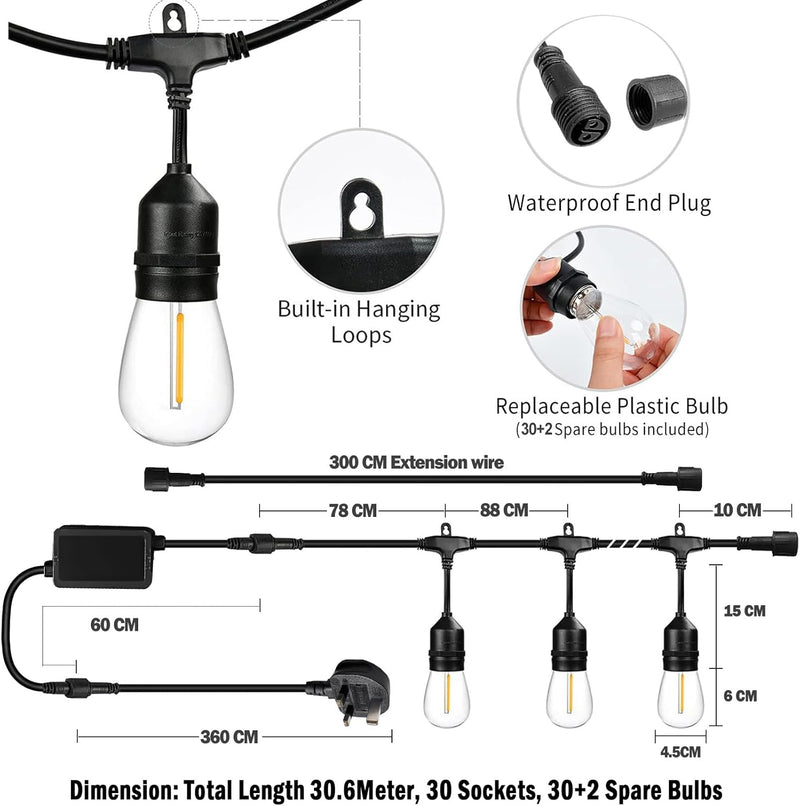 30m Festoon Lights Outdoor with Dimmerremote 32 LED