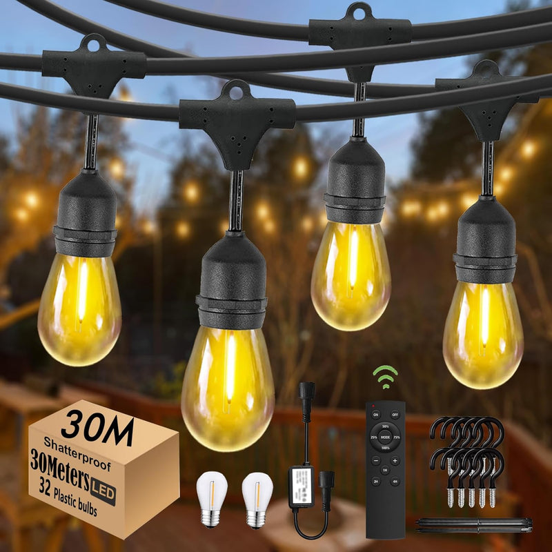 30m Festoon Lights Outdoor with Dimmerremote 32 LED