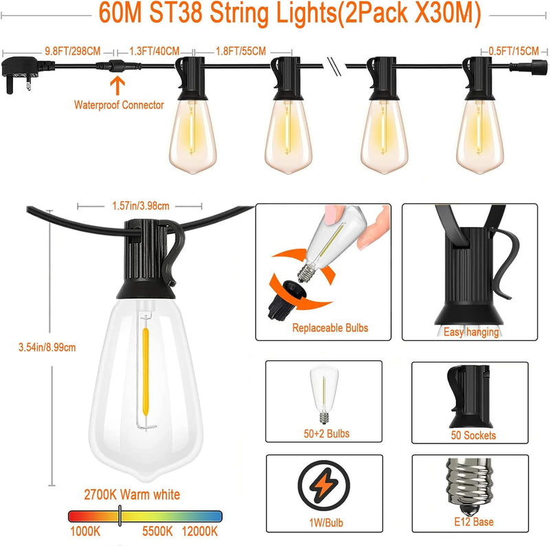 30m Festoon Lights Outdoor with Dimmerremote 32 LED