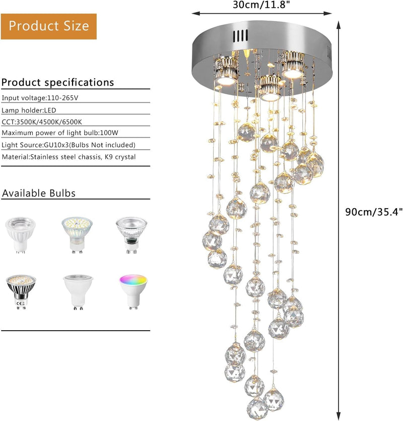 31" Spiral Crystal Chandelier Ceiling Light Raindrop Pendant