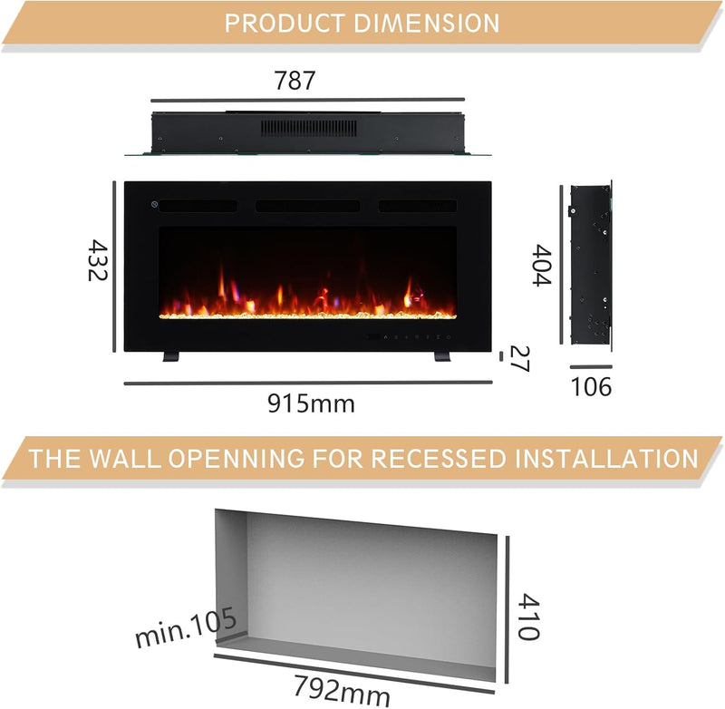 36" Wall Mounted Electric Fireplace Winslow with 1KW-2KW