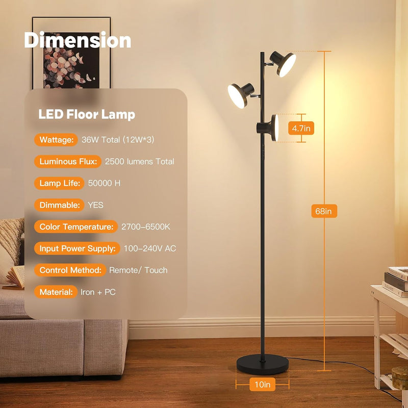 36W LED Tree Floor Lamp Modern Dimmable Standing