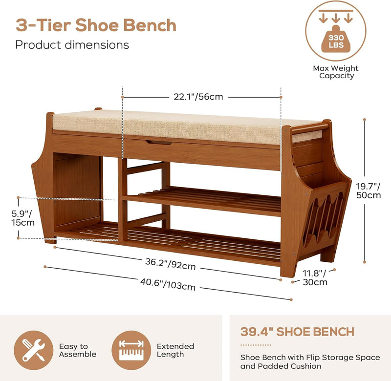 39.4in Shoe Bench with 2 Holder 3 Tier