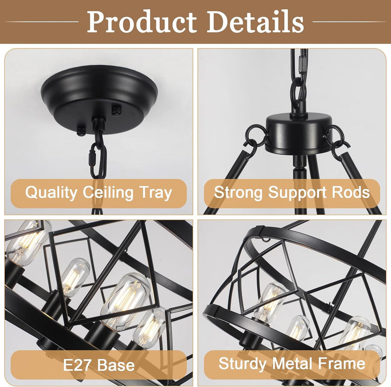 4- Chandelier Farmhouse Metal Ceiling Light for Living