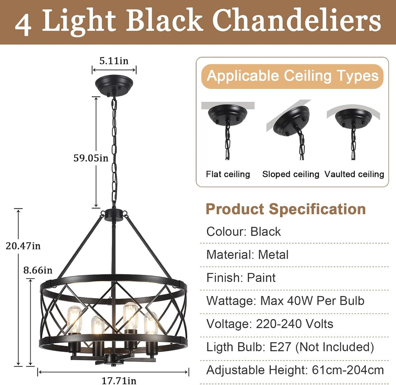 4- Chandelier Farmhouse Metal Ceiling Light for Living